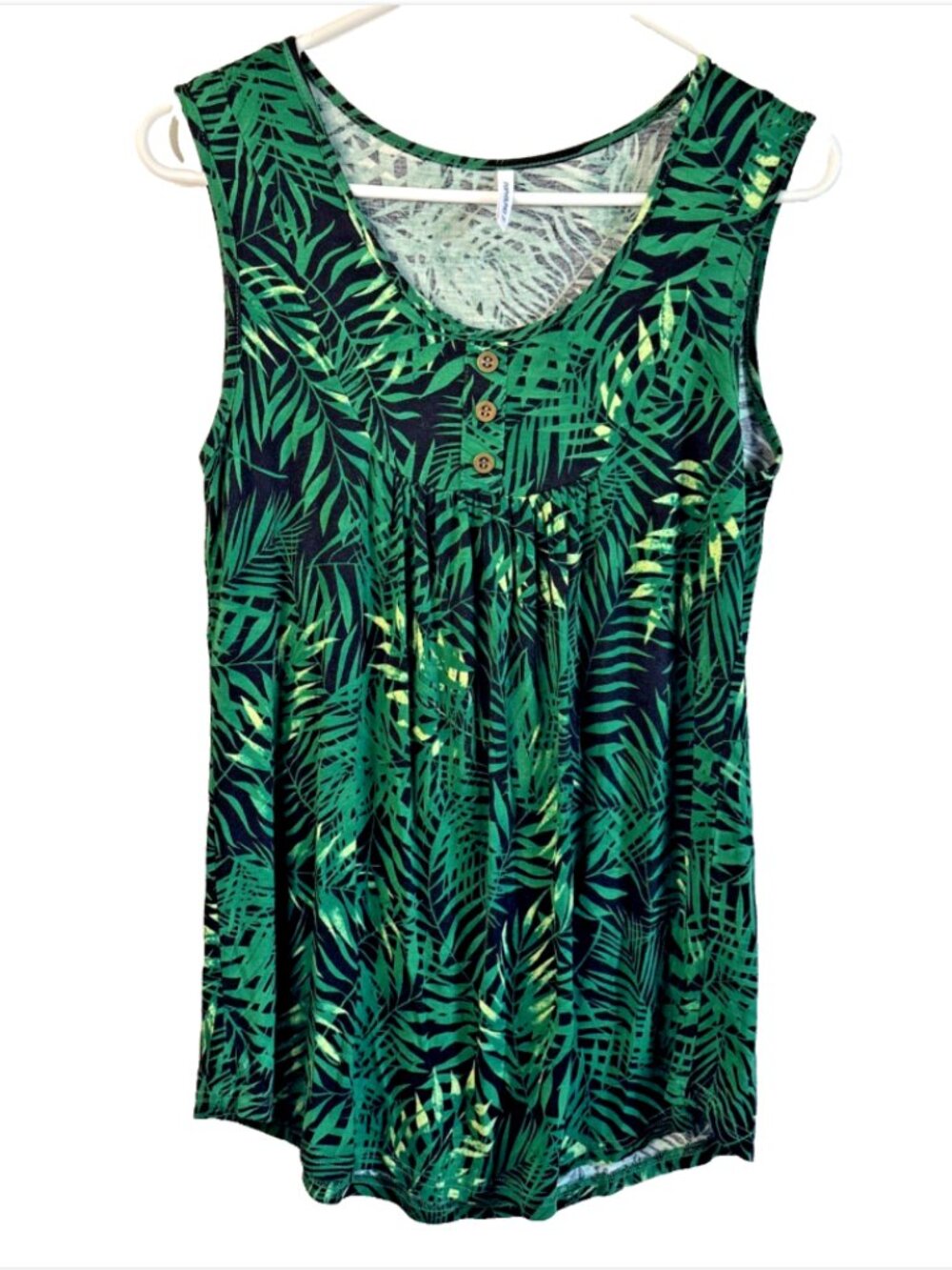 Popyoung Dark Green Black Tropical Leaves Button Tunic Tank Top Women’s Size M
